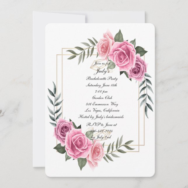 Elegant Geometric Pink Rose Bachelorette Party Invitation (Front)