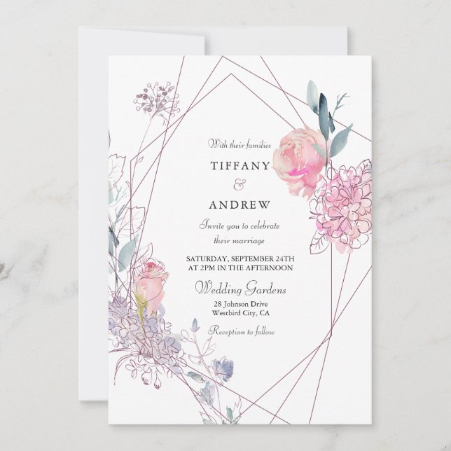 Elegant Geometric Pink Rose Floral Wedding Invite (Front)