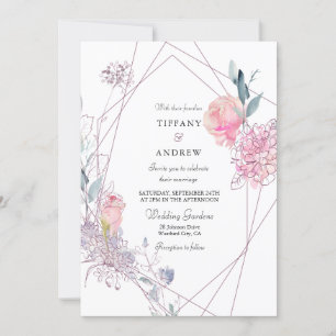Elegant Geometric Pink Rose Floral Wedding Invite