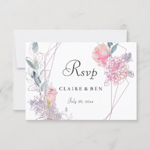 Elegant Geometric Pink Rose Floral Wedding RSVP Card