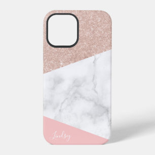 Elegant geometric pink rose gold glitter marble iPhone 12 pro case