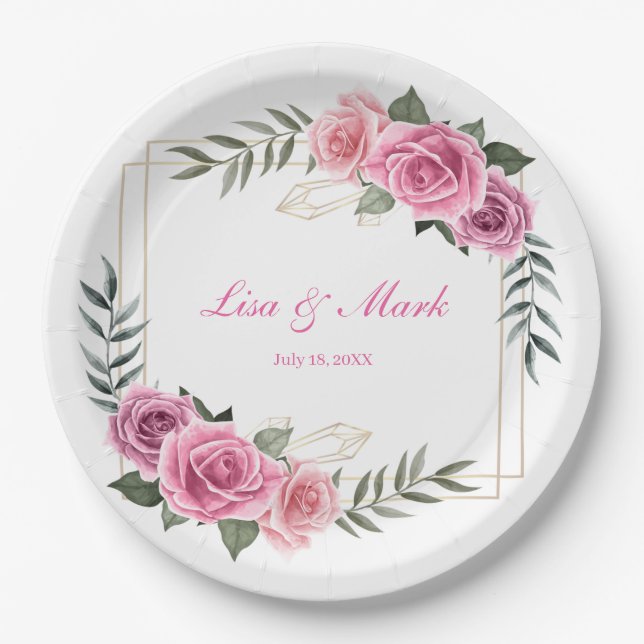 Elegant Geometric Pink Rose Wedding Paper Plates (Front)