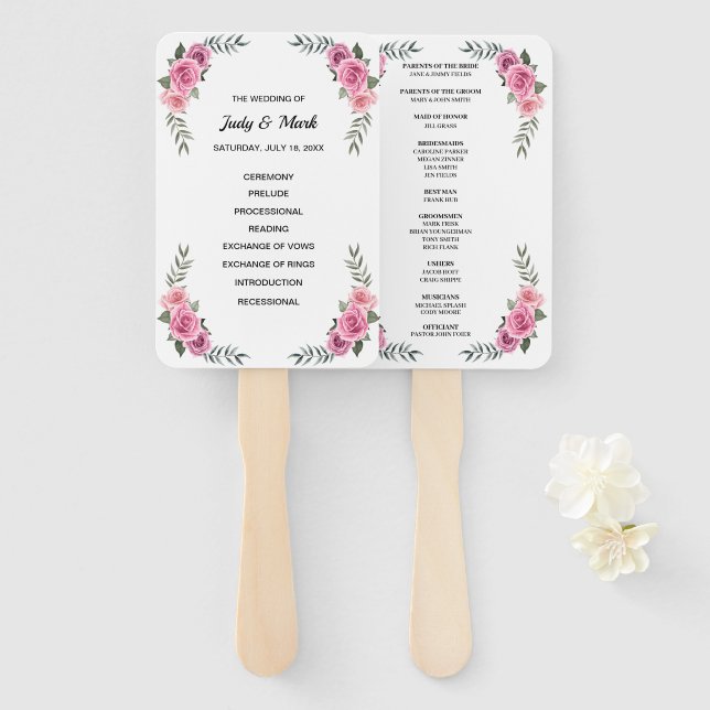 Elegant Geometric Pink Rose Wedding Program Fans (Front and Back)
