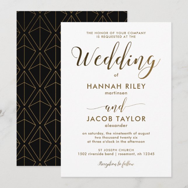 Elegant Geometric Print Black and Gold Wedding Invitation (Front/Back)