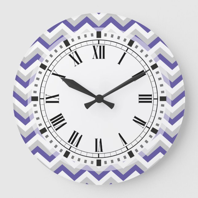 Elegant Geometric Purple Blue Chevron Zigzags Large Clock (Front)