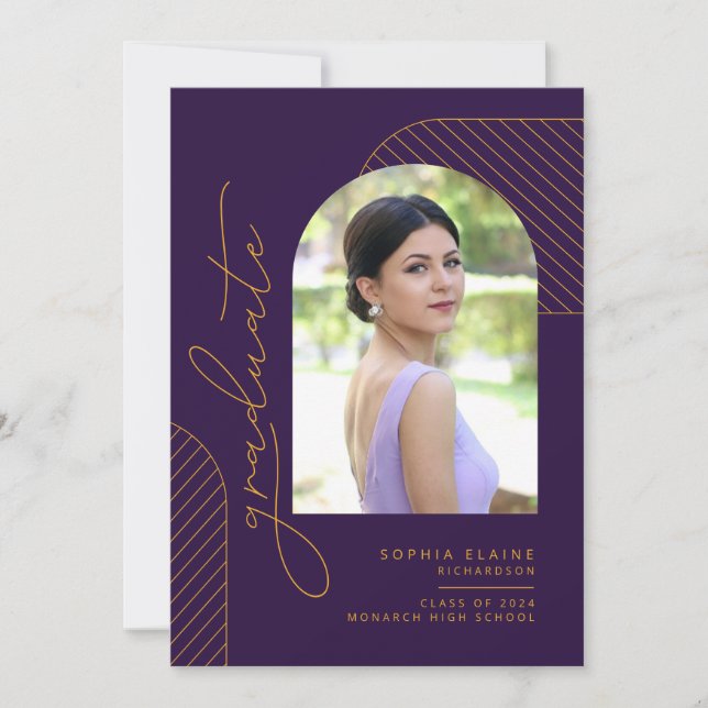 Elegant Geometric Purple Gold Graduation Announcement (Front)