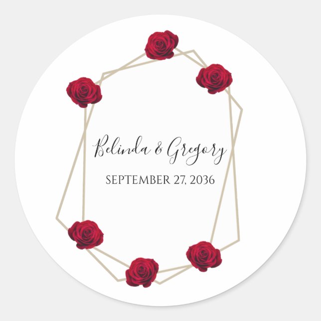 Elegant Geometric Red Rose Wedding Classic Round Sticker (Front)
