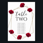 Elegant Geometric Red Rose Wedding Guest Names Table Number<br><div class="desc">This design features elegant red roses combined with a geometric gold colour frame. The gold geometric frame is surrounded by vintage red roses. The combination of red, black and gold colours creates a sophisticated, romantic and chic style. Elegant wedding table number card design with modern elements. The simple setup of...</div>