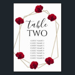 Elegant Geometric Red Rose Wedding Guest Names Table Number<br><div class="desc">This design features elegant red roses combined with a geometric gold colour frame. The gold geometric frame is surrounded by vintage red roses. The combination of red, black and gold colours creates a sophisticated, romantic and chic style. Elegant wedding table number card design with modern elements. The simple setup of...</div>