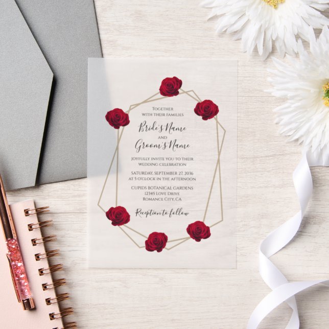Elegant Geometric Red Rose Wedding Invitations (Wedding)