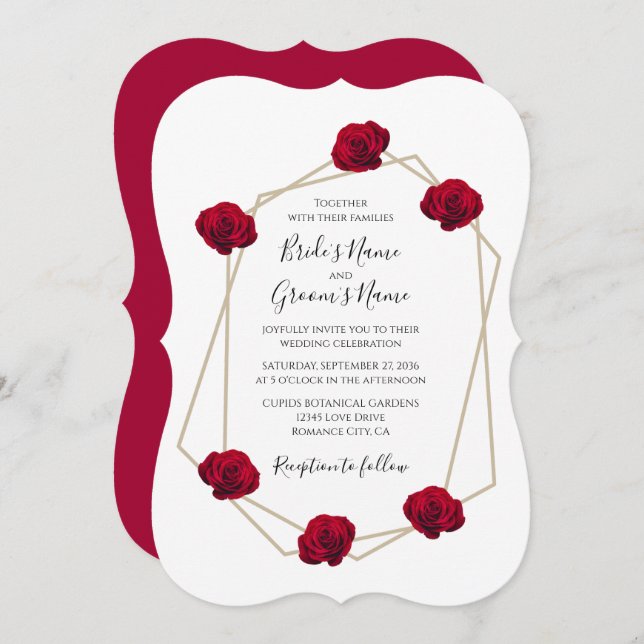 Elegant Geometric Red Rose Wedding Invitations (Front/Back)