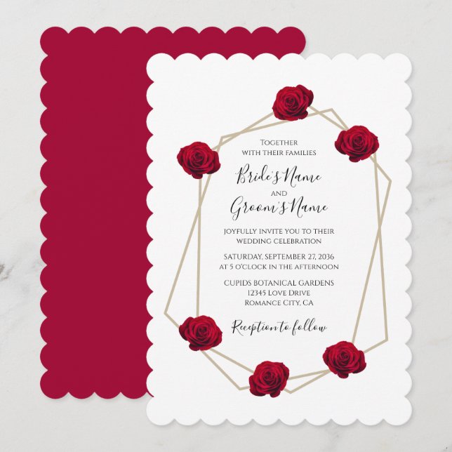 Elegant Geometric Red Rose Wedding Invitations (Front/Back)