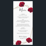 Elegant Geometric Red Rose Wedding Menu<br><div class="desc">This design features elegant red roses combined with a geometric gold colour frame. The gold geometric frame is surrounded by vintage red roses. The reverse displays the thank you message with deep red colour of the roses in the background. The combination of red, black and gold colours creates a sophisticated,...</div>