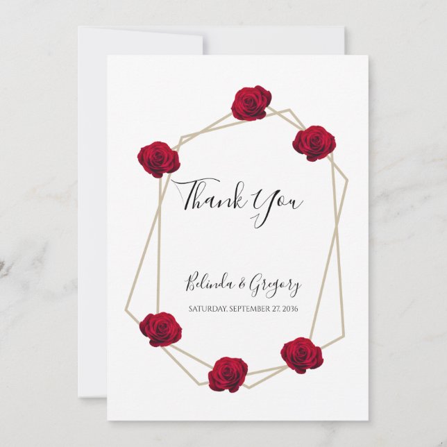 Elegant Geometric Red Rose Wedding  Thank You Card (Back)
