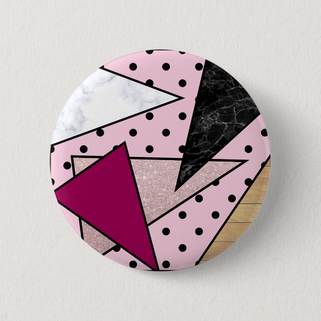 Elegant geometric rose gold glitter marble wood 6 cm round badge (Front)