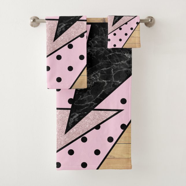 Elegant geometric rose gold glitter marble wood bath towel set (Insitu)
