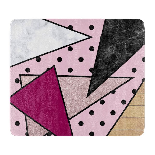 Elegant geometric rose gold glitter marble wood cutting board (Front)