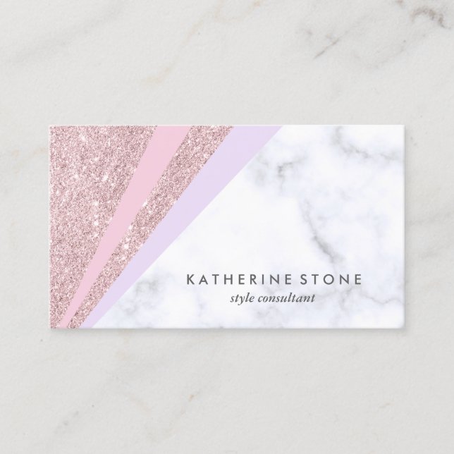 Elegant geometric rose gold glitter white marble business card (Front)