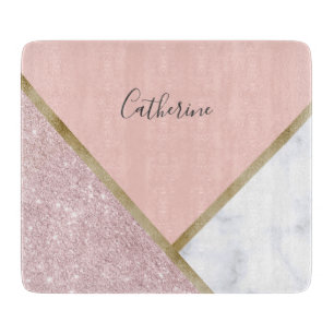 Elegant geometric rose gold glitter white marble cutting board