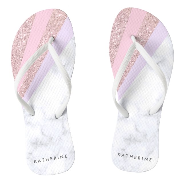 Elegant geometric rose gold glitter white marble flip flops (Footbed)