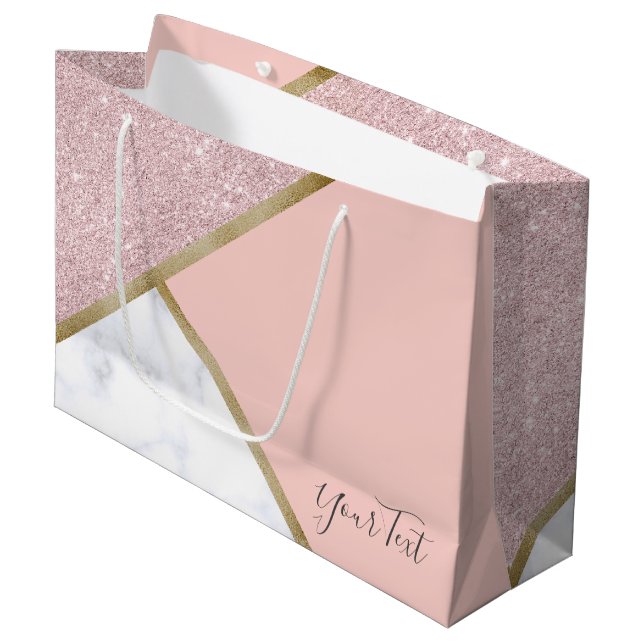 Elegant geometric rose gold glitter white marble large gift bag (Front Angled)