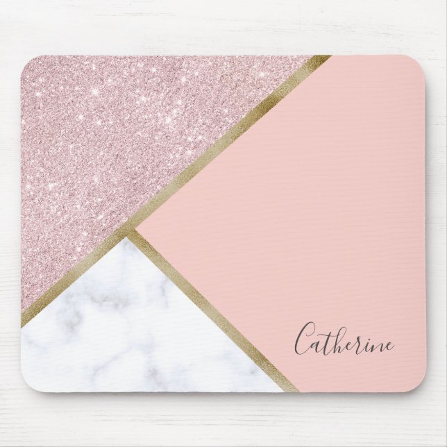 Elegant geometric rose gold glitter white marble mouse mat (Front)