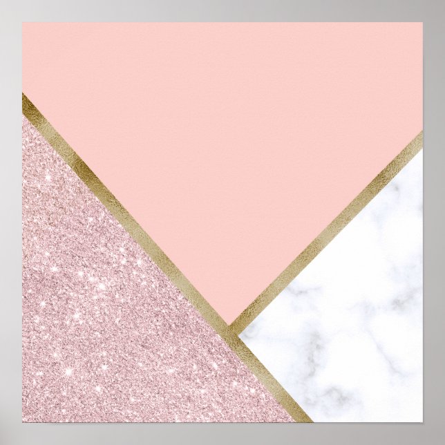 Elegant geometric rose gold glitter white marble poster (Front)