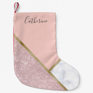 Elegant geometric rose gold glitter white marble small christmas stocking