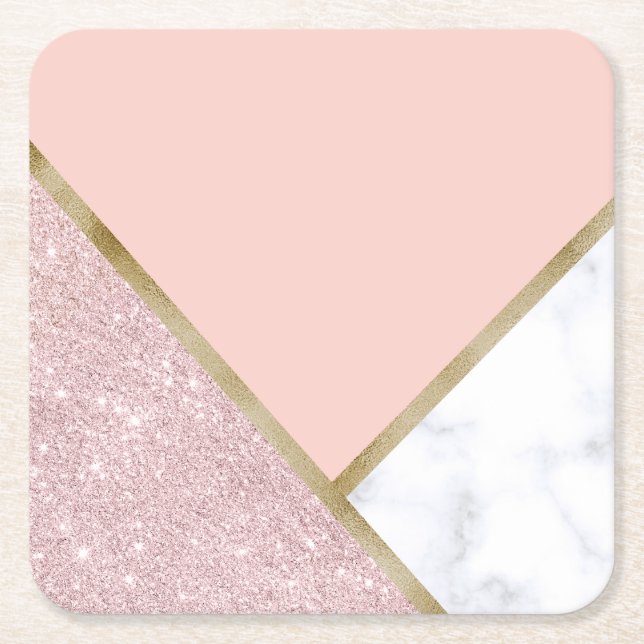 Elegant geometric rose gold glitter white marble square paper coaster (Front)