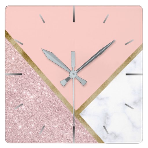 Image of Elegant geometric rose gold glitter white marble Square Wall Clock