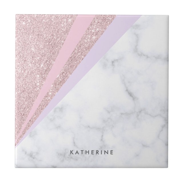 Elegant geometric rose gold glitter white marble tile (Front)