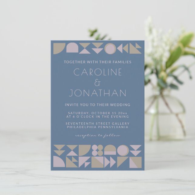 Elegant Geometric Shapes Dusty Blue Modern Wedding Invitation (Standing Front)