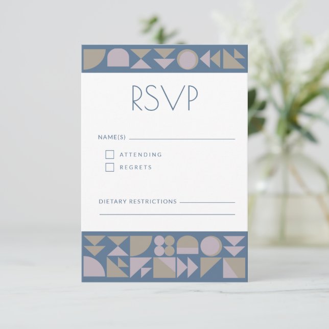 Elegant Geometric Shapes Dusty Blue Modern Wedding RSVP Card (Standing Front)