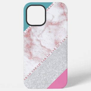 Elegant geometric silver rose gold glitter marble iPhone 12 pro max case