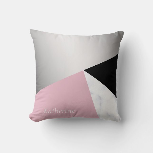 Elegant geometric silver white marble pink black cushion (Front)
