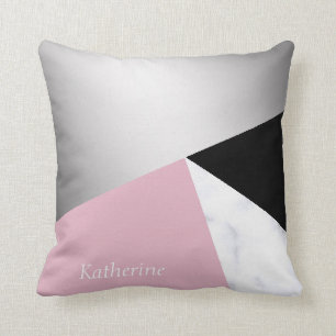 Elegant geometric silver white marble pink black cushion