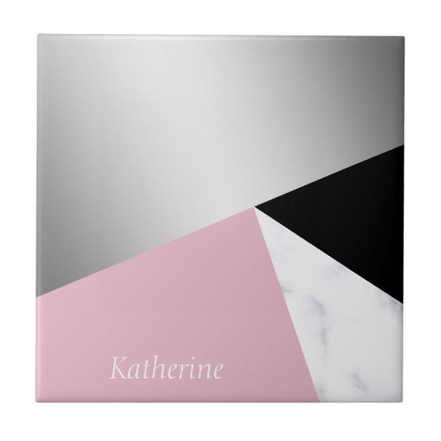 Elegant geometric silver white marble pink black tile (Front)
