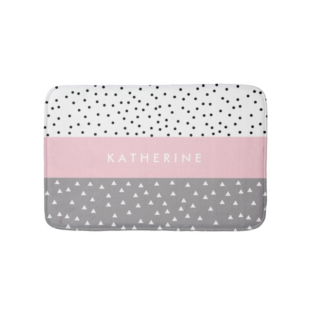 Elegant geometric triangles & dots in grey & pink bath mat (Front)