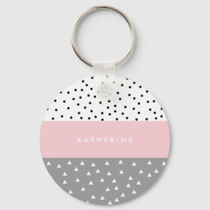 Elegant geometric triangles & dots in grey & pink key ring