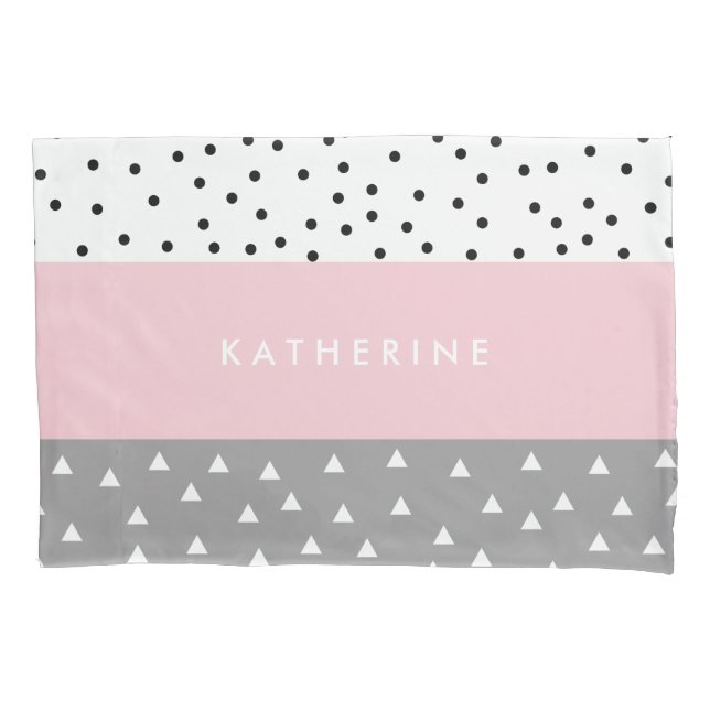 Elegant geometric triangles & dots in grey & pink pillowcase (Front)