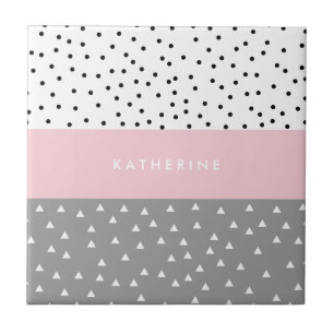 Elegant geometric triangles & dots in grey & pink tile