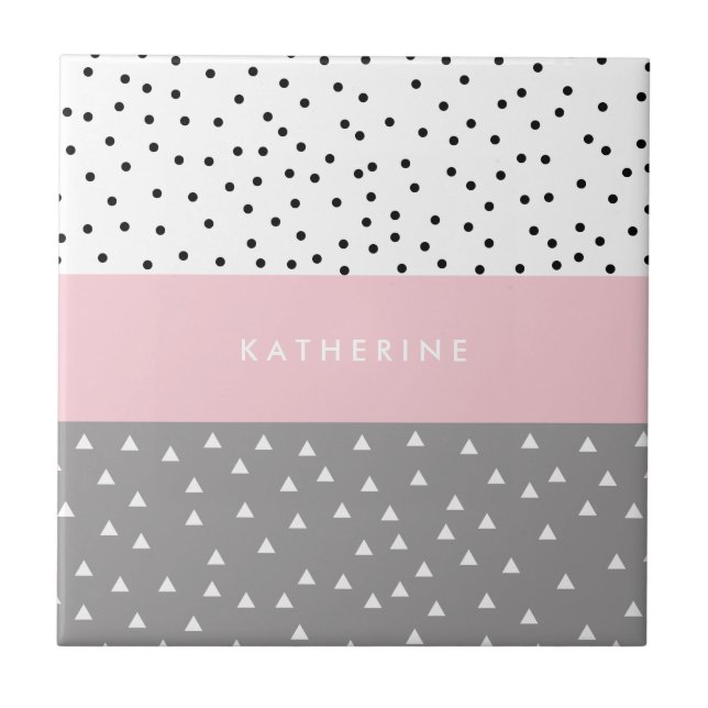 Elegant geometric triangles & dots in grey & pink tile (Front)