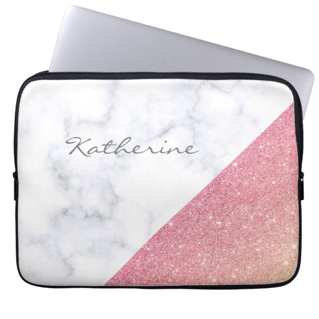 Elegant geometric white marble rose gold glitter laptop sleeve (Front)