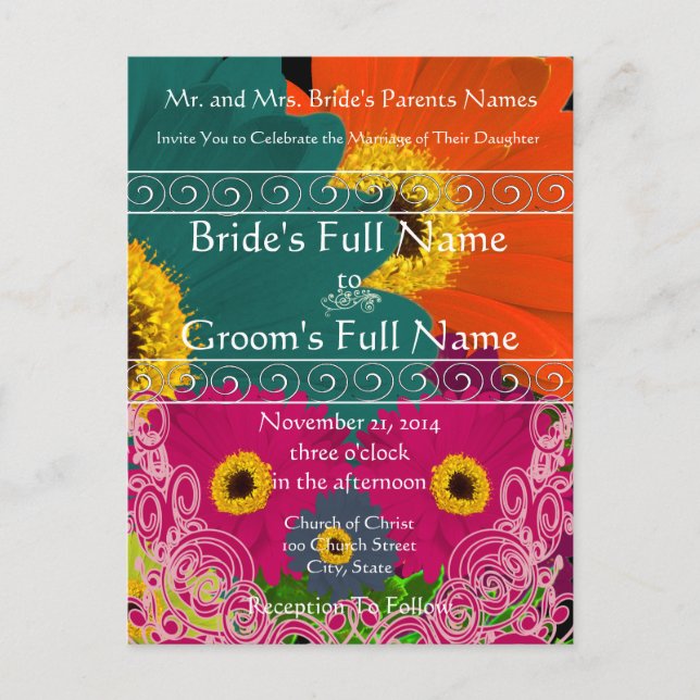 Elegant Gerber Daisy Wedding Invitation Swirls (Front)