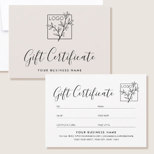 Elegant Gift Certificate Custom Logo Script Beige