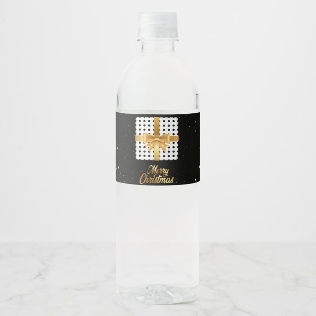 Elegant Gift with Golden Ribbon and Polka Dots  Water Bottle Label (Front)