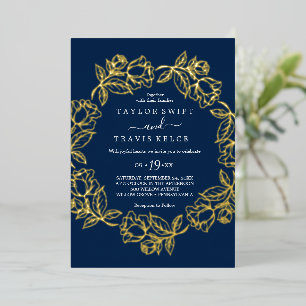 Elegant Gilded Floral Gold Foil Navy Blue Wedding