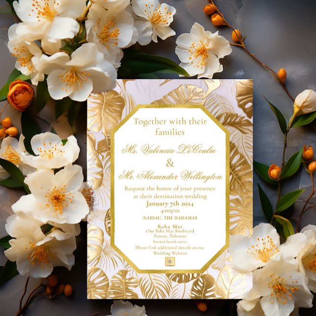 Elegant Gilded Gold Monstera Destination Wedding Invitation (Elegant Modern Destination Wedding Gilded Gold Monstera Leaf Invitation)