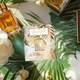 Elegant Gilded Gold Monstera Wedding QR Code RSVP Enclosure Card