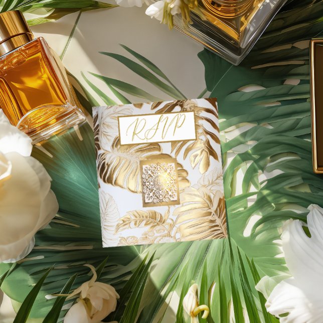 Elegant Gilded Gold Monstera Wedding QR Code RSVP  Enclosure Card (Creator Uploaded)